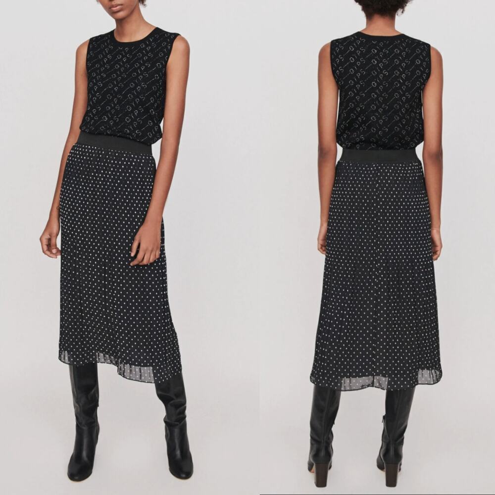 Maje T34 Pleated Polka Dot Midi Skirt Black NWT $265